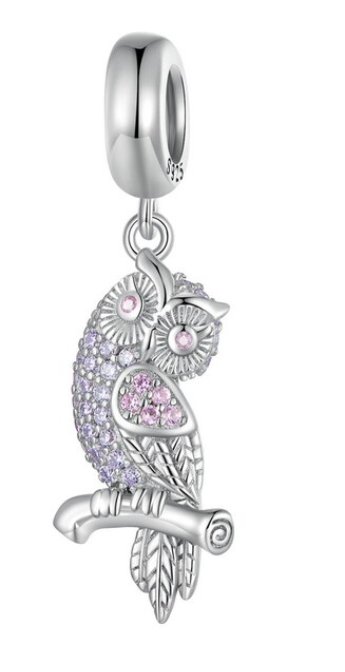 925 Sterling Silver CZ Owl Dangle Charm