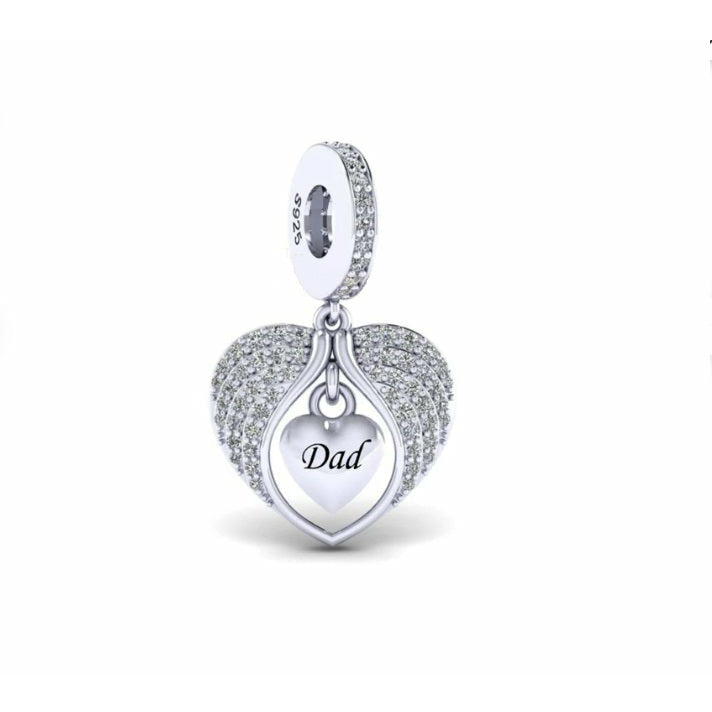 925 Sterling Silver Dad CZ Angel Wings Heart Dangle Charm