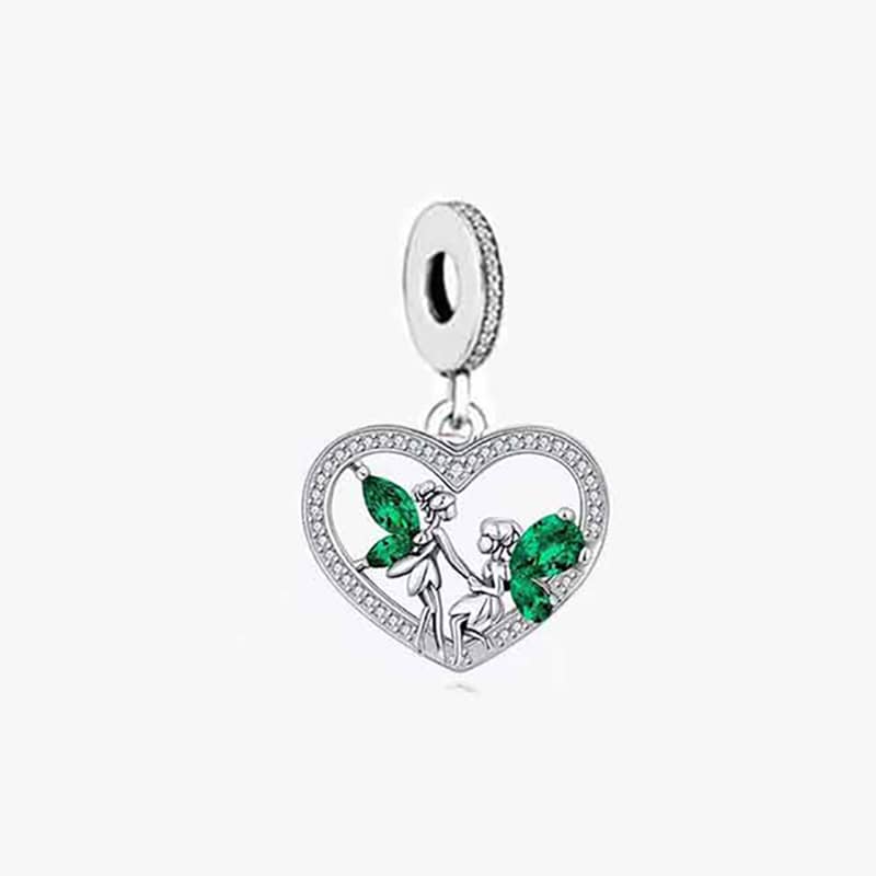 925 Sterling Silver Green Zircon Fairies Heart Dangle Charm