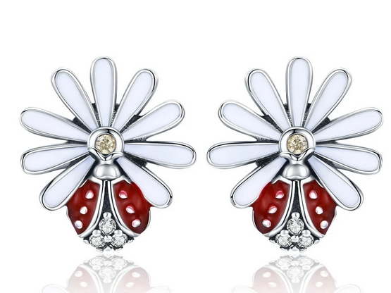 925 Sterling Silver Daisy Flower Red Ladybug Stud Earrings