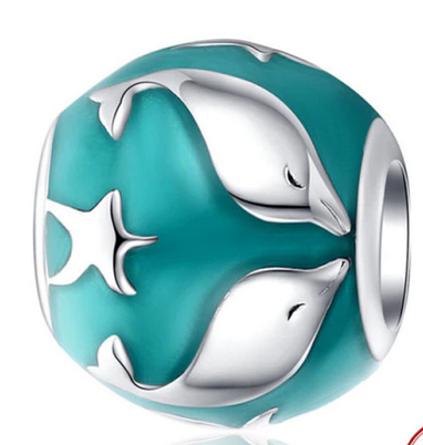 925 Sterling Silver Green Enamel Dolphin Charm