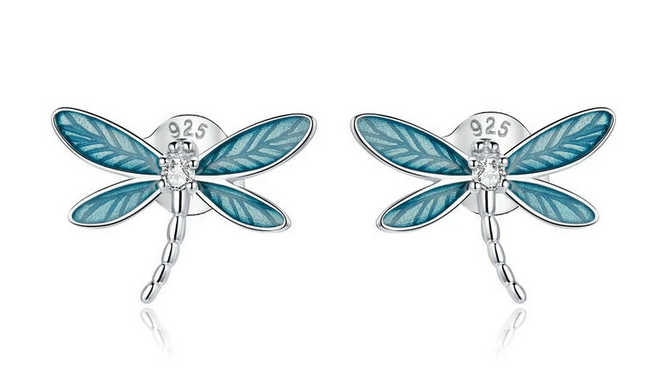 925 Sterling Silver Blue Enamel Dragon Fly Earrings