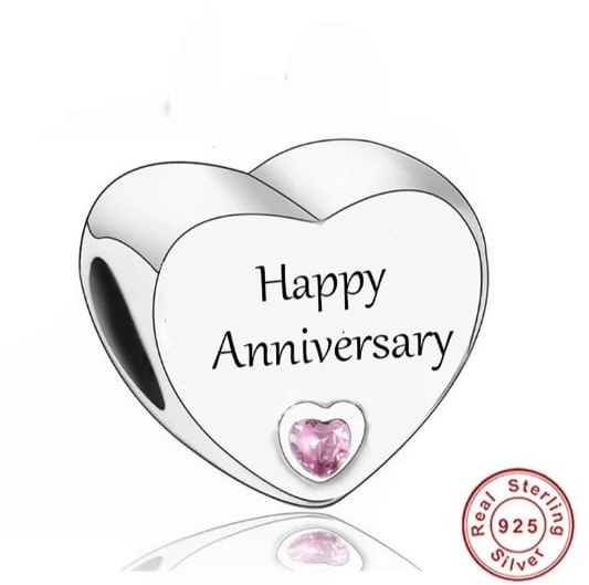 925 Sterling Silver CZ Happy Anniversary Engraved Heart Bead Charm