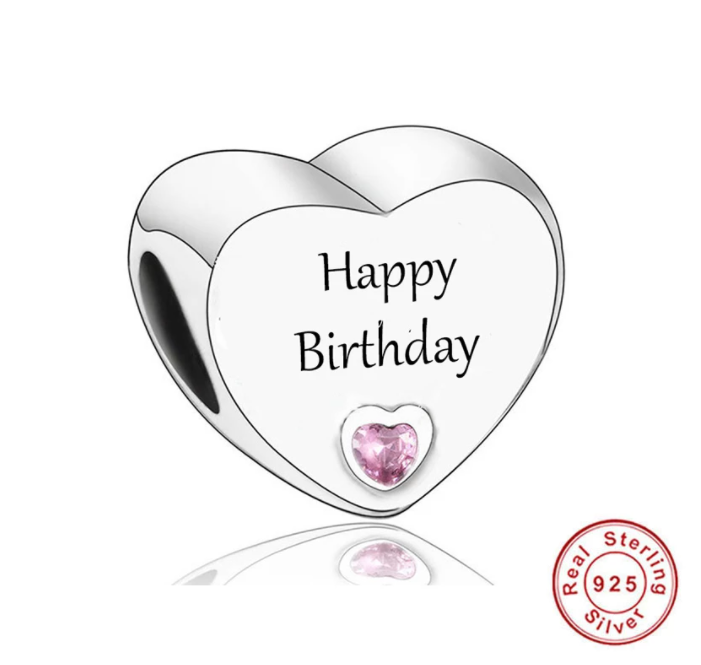 925 Sterling Silver CZ Happy Birthday Engraved Heart Bead Charm