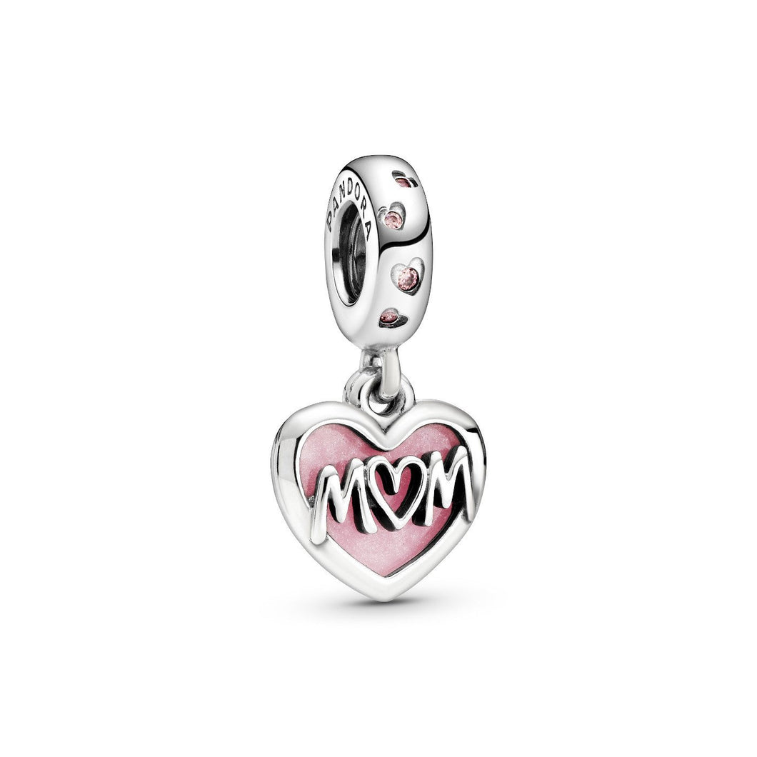 925 Sterling Silver Pink Enamel Mom Heart Dangle Charm