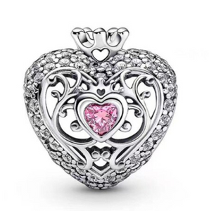 925 Sterling Silver CZ Heart Crown Charm