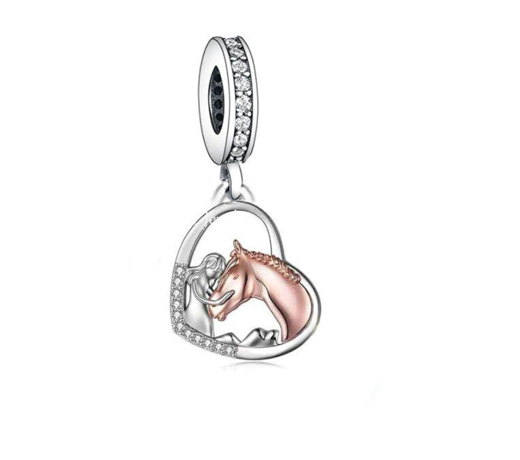 925 Sterling Silver Two Tone Love for Horses Dangle Charm