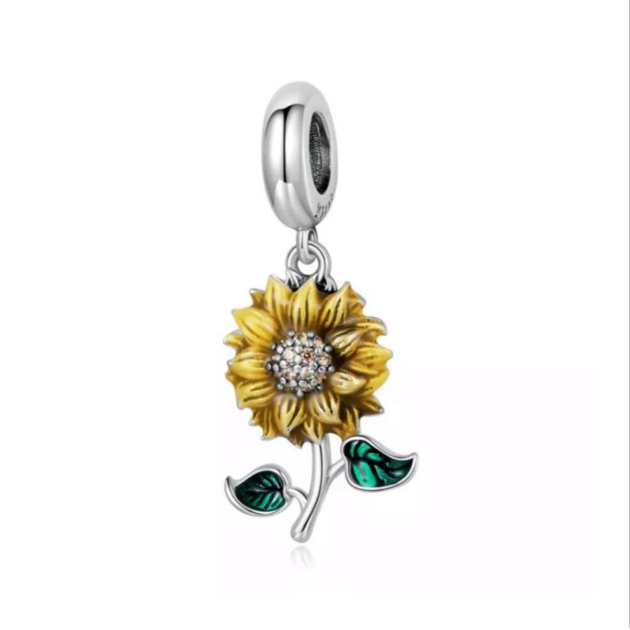 925 Sterling Silver Gracious Yellow Enamel Sunflower Dangle Charm