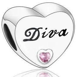 925 Sterling Silver Diva Pink CZ Heart Bead Charm