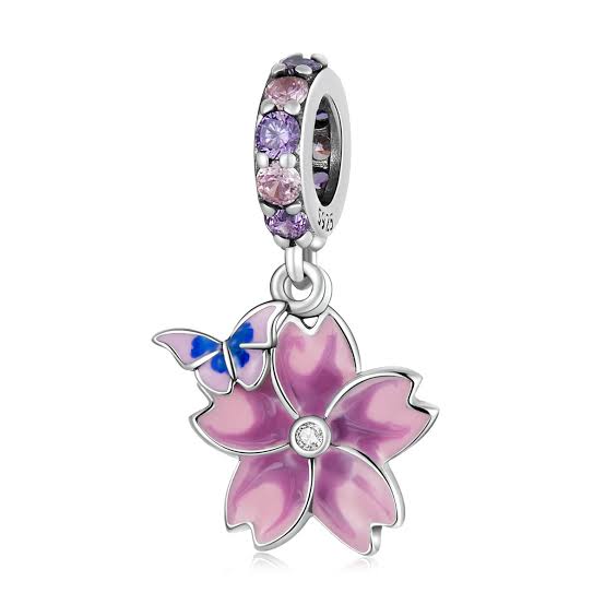 925 Sterling Silver Pink Enamel Flower Dangle Charm