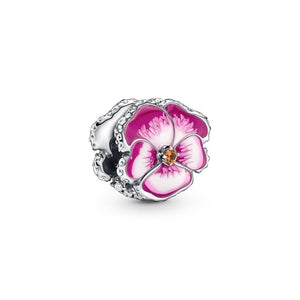 925 Sterling Silver Pansy Pink Flower Bead Charm