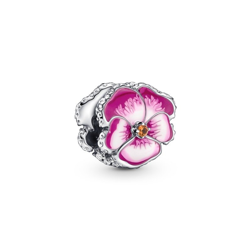 925 Sterling Silver Pansy Pink Flower Bead Charm