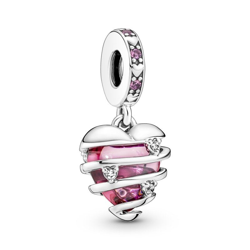925 Sterling Silver Pink Spiral Heart Dangle Charm