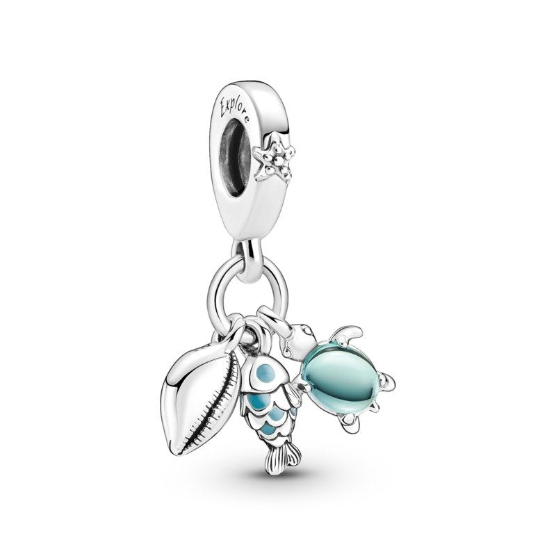 925 Sterling Silver Fish, Sea Turtle, Shell Dangle Charm