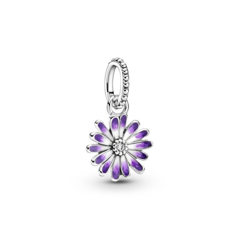 925 Sterling Silver Purple Enamel Daisy Dangle Charm