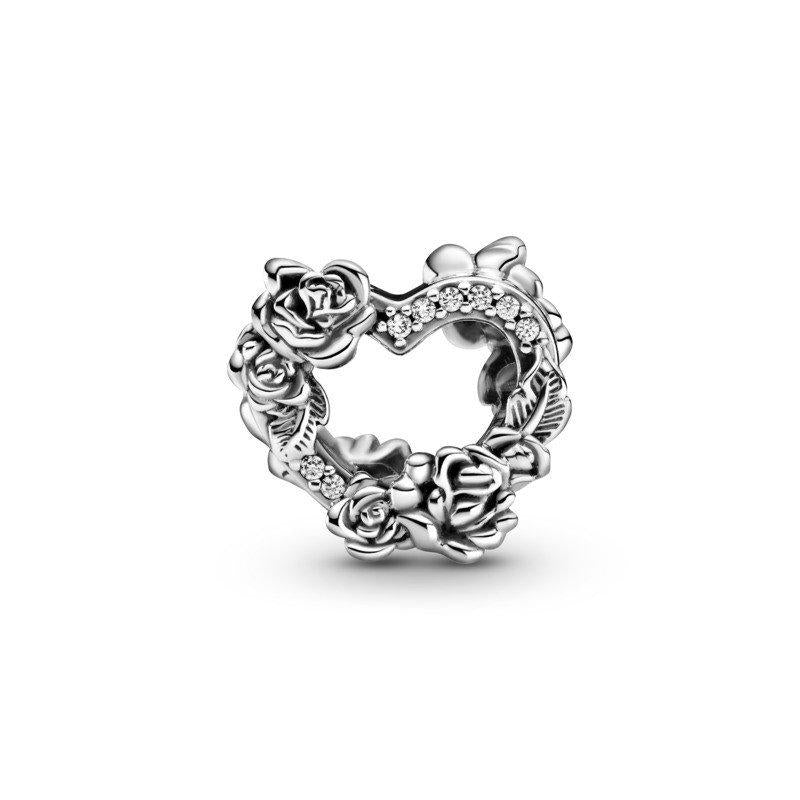 925 Sterling Silver Rose and Heart Bead Charm