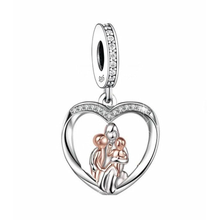 925 Sterling Silver Two Tone Mother and Children Heart Dangle Charm