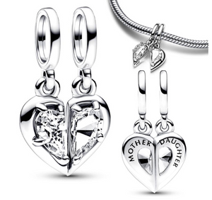 925 Sterling Silver Mother & Daughter Heart Dangle Charm