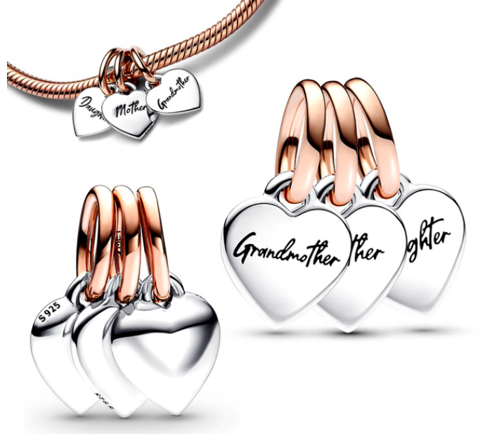 925 Sterling Silver Mother,Grandmother & Daughter Rose Gold Dangle Charm