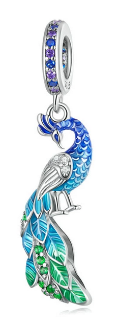 925 Sterling Silver Gradual Blue Peacock Dangle Charm