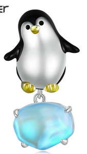925 Sterling Silver Enamel Penguin & Blue Crystal Dangle Charm
