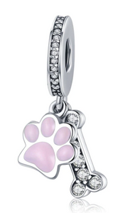 925 Sterling Silver Pink Paw Footprint & Bone Dangle Charm