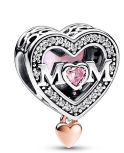 925 Sterling Silver Pink CZ MOM Charm