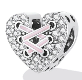 925 Sterling Silver Pink Ribbon Heart Charm