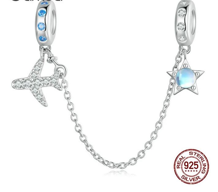 925 Sterling Silver Plane & Star Silver Silicone Safety Chain
