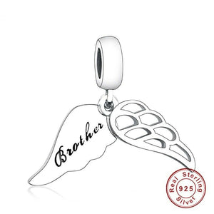 925 Sterling Silver Brother Engraved Angel Wings Dangle Charm