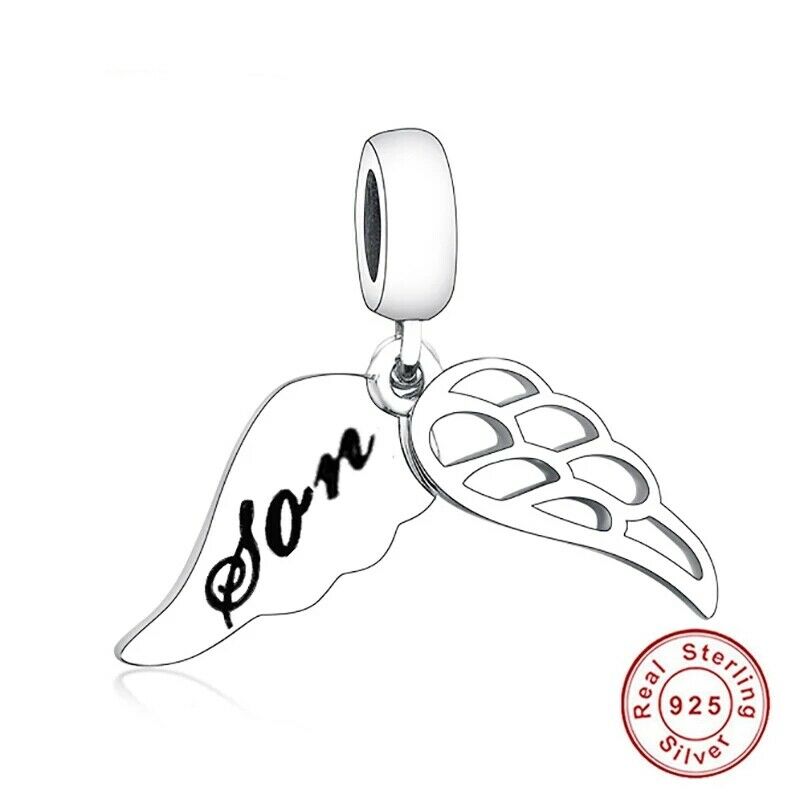 925 Sterling Silver Son Engraved Angel Wings Dangle Charm