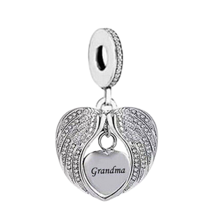 925 Sterling Silver Grandma CZ Angel Wings Heart Dangle Charm