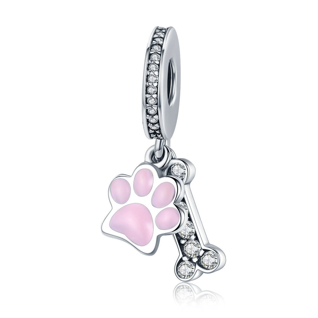Fashion New 925 Sterling Silver Animal Dog Footprint & Dog Bone Pendant Charm fit Women Bracelet DIY Jewelry SCC452