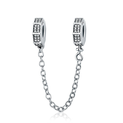 925 Sterling Silver Classic Geometric Shape Clear CZ Safety Chain Stopper Charm fit Bracelet Bangles Jewelry SCC605