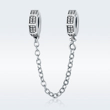 Load image into Gallery viewer, 925 Sterling Silver Classic Geometric Shape Clear CZ Safety Chain Stopper Charm fit Bracelet Bangles Jewelry SCC605
