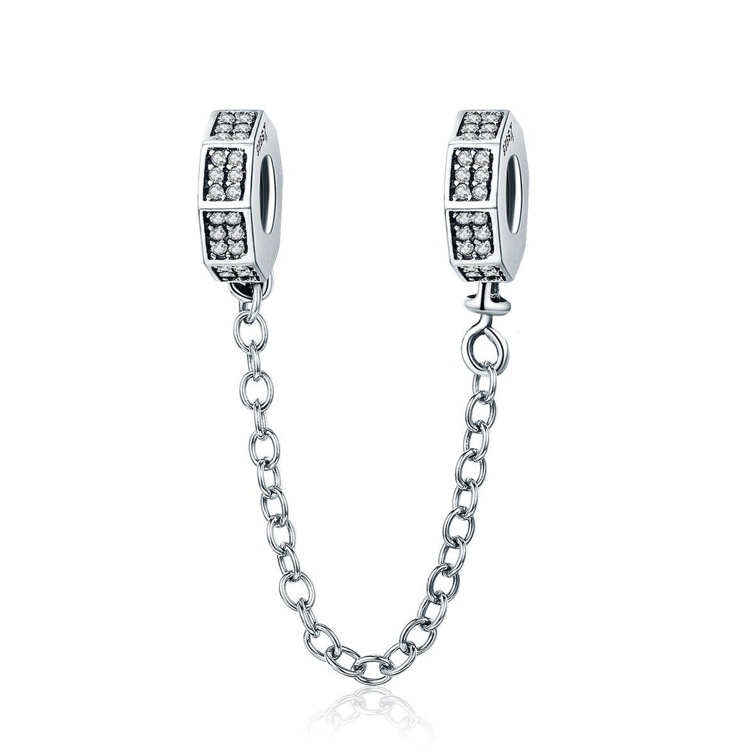 925 Sterling Silver Classic Geometric Shape Clear CZ Safety Chain Stopper Charm fit Bracelet Bangles Jewelry SCC605