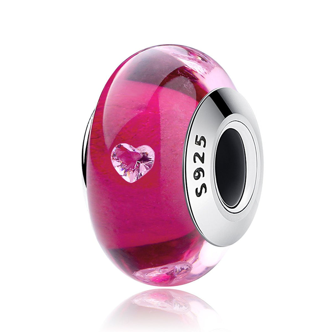 925 Sterling Silver Cherry Colour Heart Pattern Murano Glass Bead Charm