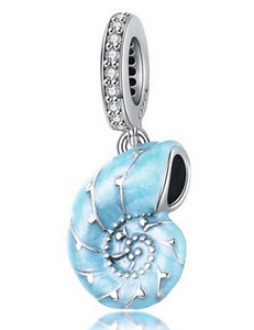 925 Sterling Silver Blue Enamel Sea Shell Dangle Charm