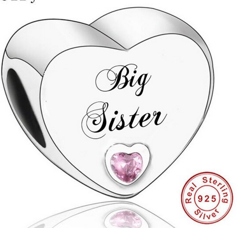 925 Sterling Silver Big Sister Pink CZ Heart Bead Charm