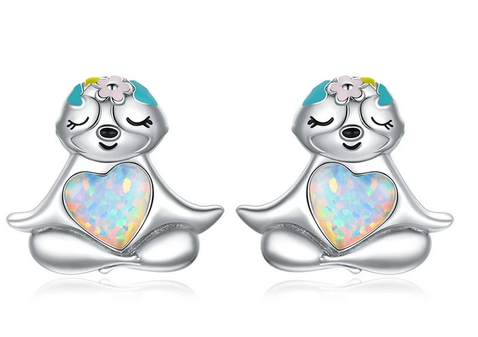 925 Sterling Silver Cute Animal Heart Opal Stud Earrings