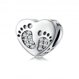 925 Sterling Silver CZ Baby Footprints Heart Charm
