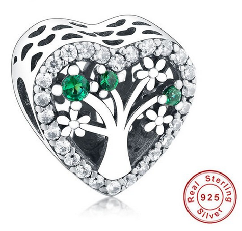 925 Sterling Silver Green Tree Heart Charm