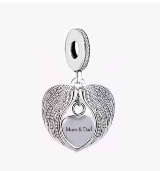 925 Sterling Silver Mom&Dad CZ Angel Wings Heart Dangle Charm