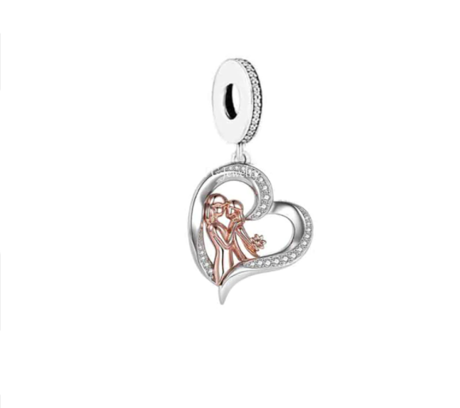 925 Sterling Silver Two Tone Mother & Daughter Dangle Charm