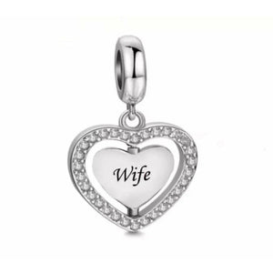 925 Sterling Silver Wife Always and Forever CZ Heart Dangle Charm