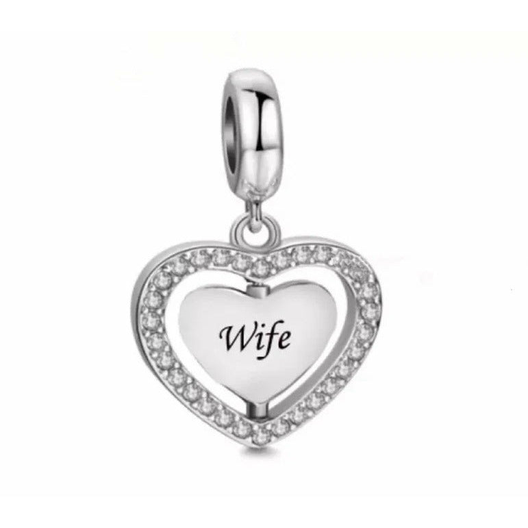 925 Sterling Silver Wife Always and Forever CZ Heart Dangle Charm