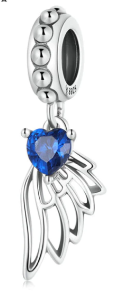 925 Sterling Silver Wing Blue Heart Dangle Charm