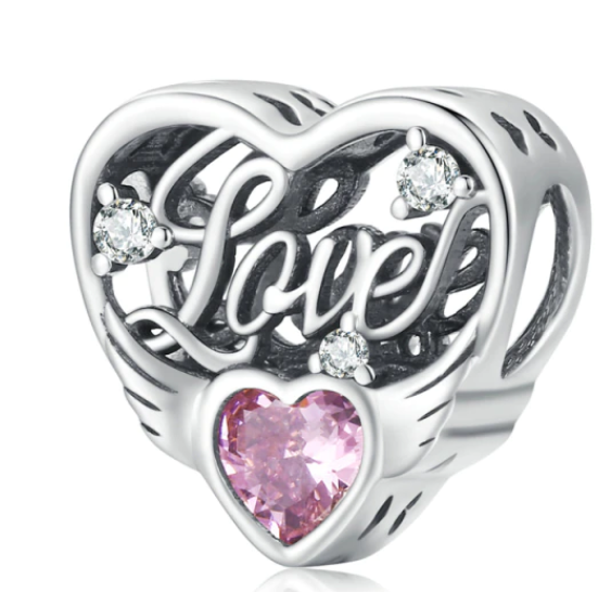 925 Sterling Silver Pink Wing Heart Bead Charm